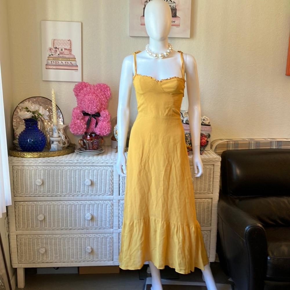 Reformation Nikita ruffled midi dress w/bow tie straps in mustard color size 2
